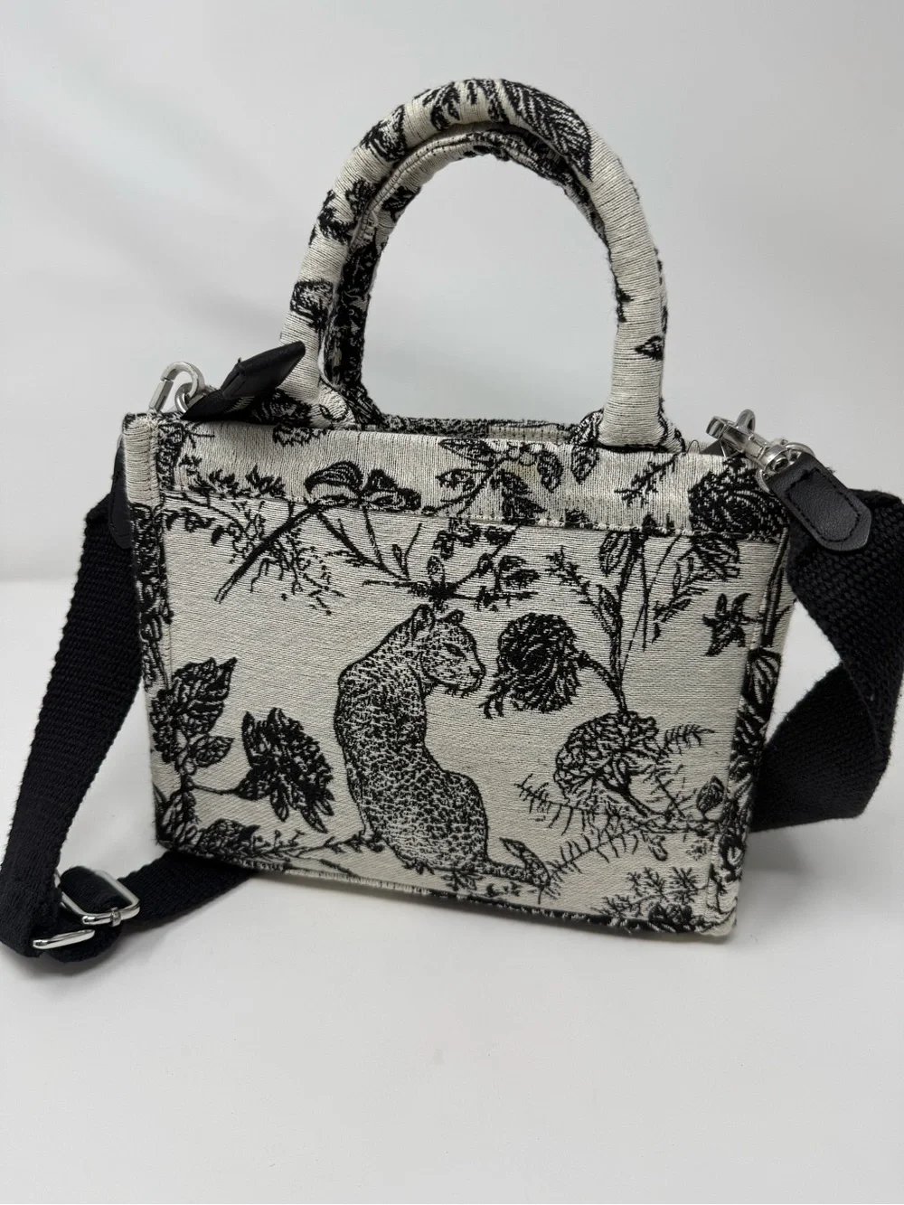 Black & Cream Printed Mini Tote Crossbody Bag with Detachable Strap